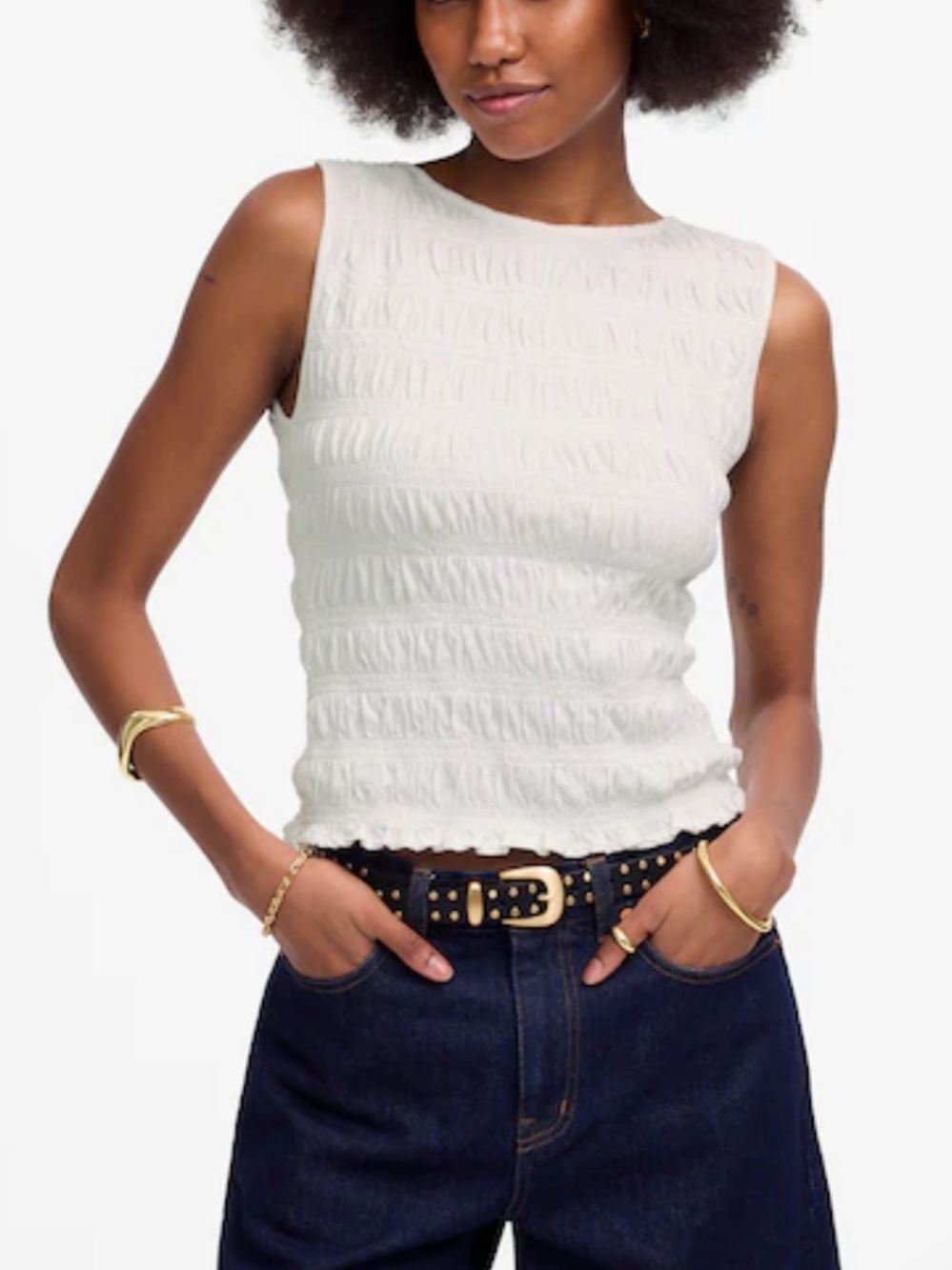 Madewell Boatneck Sleeveless White Smocked Tank Top